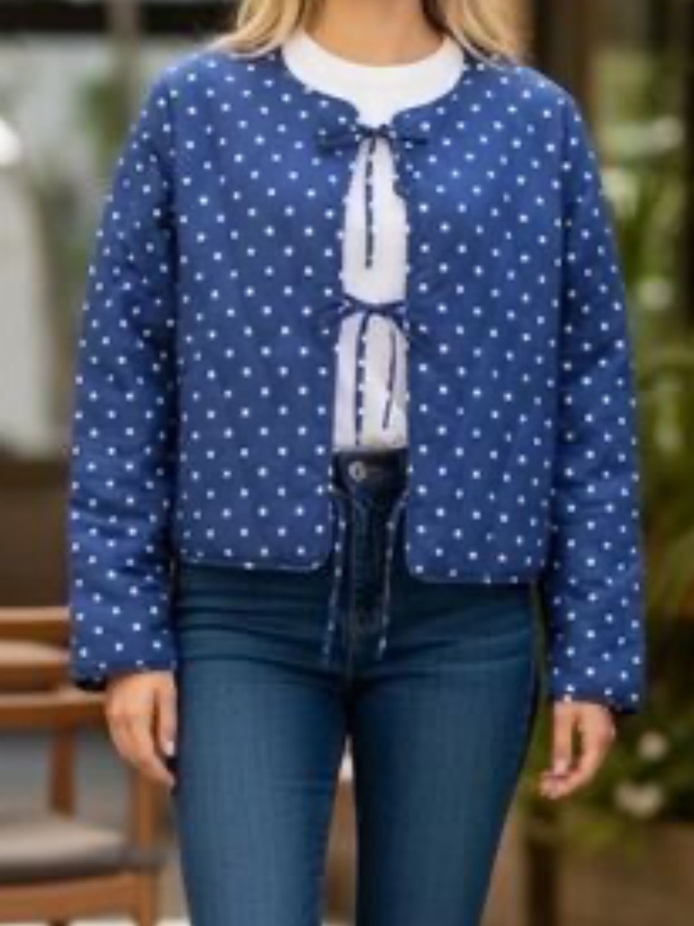 Avec Les Filles Navy Blue Polka Dot Quilted Cropped Puffer